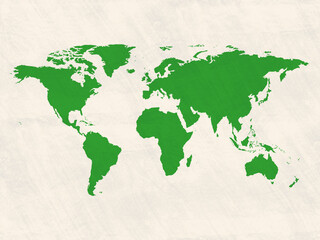 World map in ecological backgrounds. Silhouettes of continents in green color on watercolor paper. 