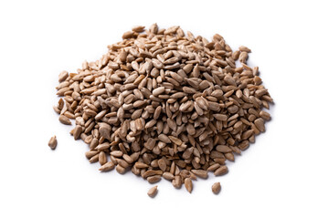 Mucchietto di semi di girasole su fondo bianco, cibo vegetariano 