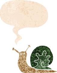 cartoon snail and speech bubble in retro textured style