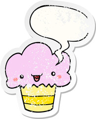cartoon cupcake and face and speech bubble distressed sticker