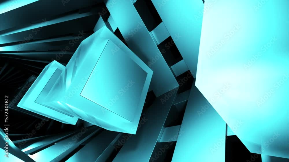 Poster a dark tunnel with moving squares. design. blue and gray three-dimensional geometric shapes slowly m