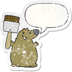 cartoon bear and paint brush and speech bubble distressed sticker