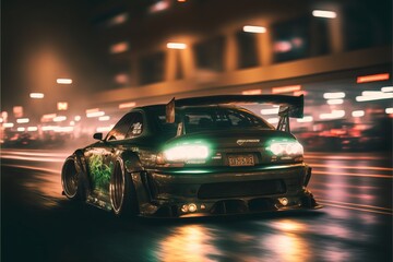Fototapeta na wymiar Concept streetracing car driving at night, generative AI