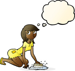 cartoon cinderella scrubbing floors with thought bubble