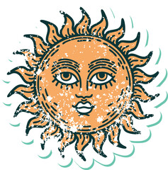 distressed sticker tattoo style icon of a sun with face