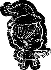 cute cartoon distressed icon of a girl with hipster haircut wearing santa hat
