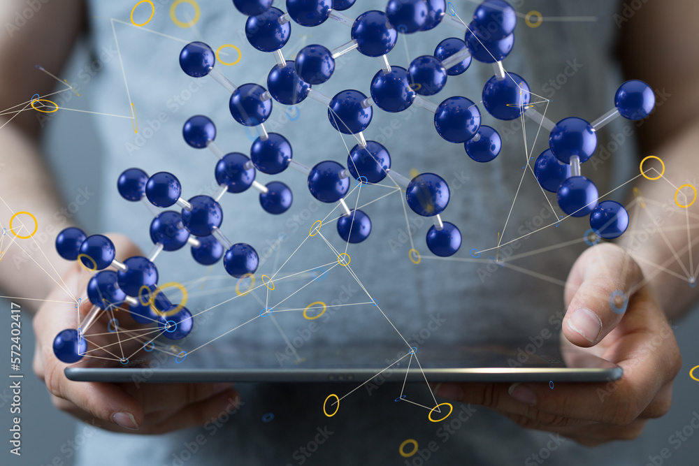 Poster Global network. Blockchain. 3D illustration. Neural networks and artificial intelligence. Abstract  - connection
