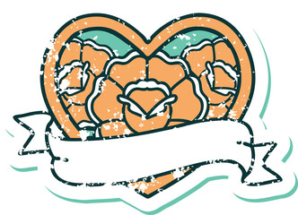 distressed sticker tattoo style icon of a heart and banner with flowers