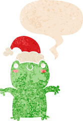 cute cartoon frog wearing christmas hat and speech bubble in retro textured style