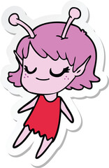 sticker of a smiling alien girl cartoon floating