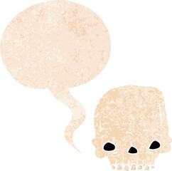 cartoon spooky skull and speech bubble in retro textured style