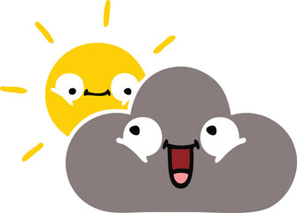 flat color retro cartoon storm cloud and sun