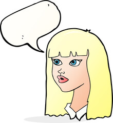 cartoon pretty girl with long hair with speech bubble