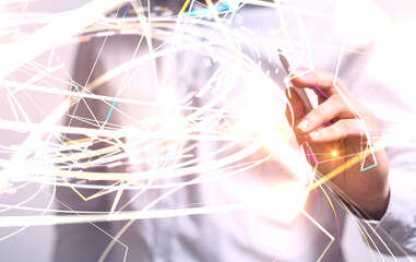 abstract lines with dots over dark background.