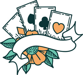 tattoo style icon of cards and banner