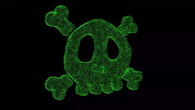 3D poison skull bones rotates on black bg. Object dissolved green flickering particles 60FPS. Business backdrop. Science concept. Abstract bg title, presentation. Holographic screensaver. 3D animation