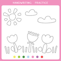 Handwriting practice worksheet. Simple educational game for kids. Vector illustration of spring landscape for coloring book