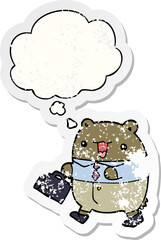 cute cartoon business bear and thought bubble as a distressed worn sticker