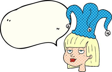 comic book speech bubble cartoon woman wearing jester hat