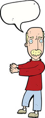cartoon balding man explaining with speech bubble