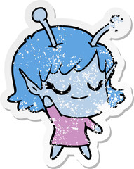 distressed sticker of a smiling alien girl cartoon