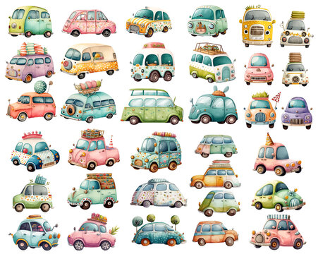 Set of drawing cartoon retro cars, isolated on white. Vehicle clipart, digital illustration