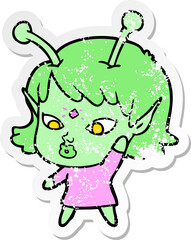 distressed sticker of a pretty cartoon alien girl