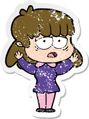 distressed sticker of a cartoon tired woman
