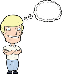 cartoon grinning man with thought bubble