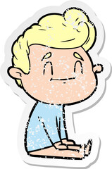 distressed sticker of a happy cartoon man sitting on floor