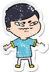 distressed sticker of a cartoon exasperated man
