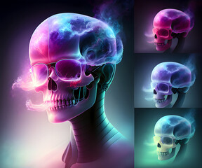 Stylische, bunte Totenkopfschädel mit Rauch in psychedelischen Farben und skurrilen Formen - - created with hyperrealistic generative AI technology