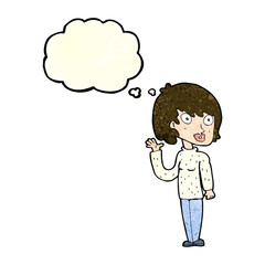 cartoon waving woman with thought bubble