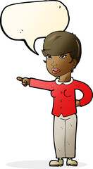 cartoon woman pointing finger of blame with speech bubble