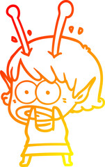warm gradient line drawing cartoon shocked alien girl