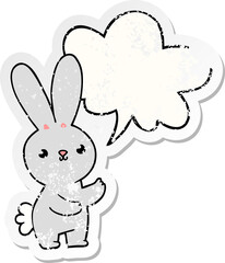 cute cartoon rabbit and speech bubble distressed sticker
