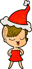 happy textured cartoon of a girl in cocktail dress wearing santa hat