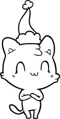line drawing of a happy cat wearing santa hat