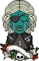 crying orc rogue character face with natural one D20 roll illustration