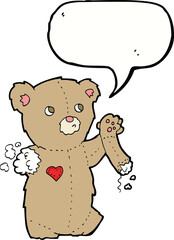 cartoon teddy bear with torn arm with speech bubble