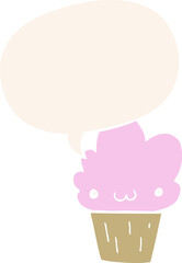 cartoon cupcake and face and speech bubble in retro style