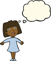 cartoon happy woman in dress with thought bubble