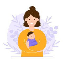 Illustration of a mother holding a small child in her arms with nature and leaves. Vector illustration