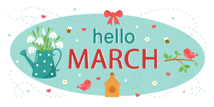 Hello March. Greeting card with a spring theme. Cute birds on a branch and bees with flowers. March month with flowers and leaves. Design for printing a calendar, postcard, banner. Vector