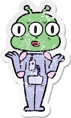 distressed sticker of a cartoon three eyed alien shrugging