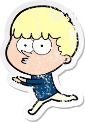 distressed sticker of a cartoon curious boy running
