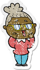 distressed sticker of a cartoon happy woman wearing spectacles