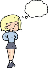 cartoon pleased woman with thought bubble