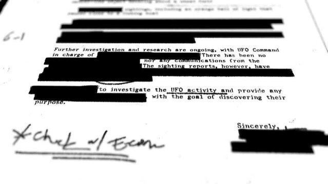 Official government paper with black lines covering sensitive information. Camera moves revealing a retro looking report or memo with censored text forbidden to be seen or exposed to public. Close up