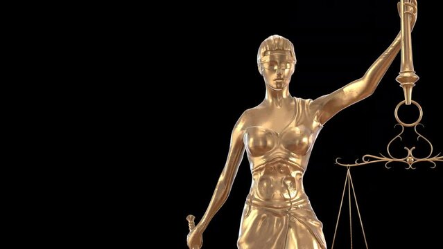 A copper statue of Themis, the camera pulls back to the long shot, Themis is in the frame on the right. The footage is suitable for creating a backdrop for an event. 3D render with alpha channel.